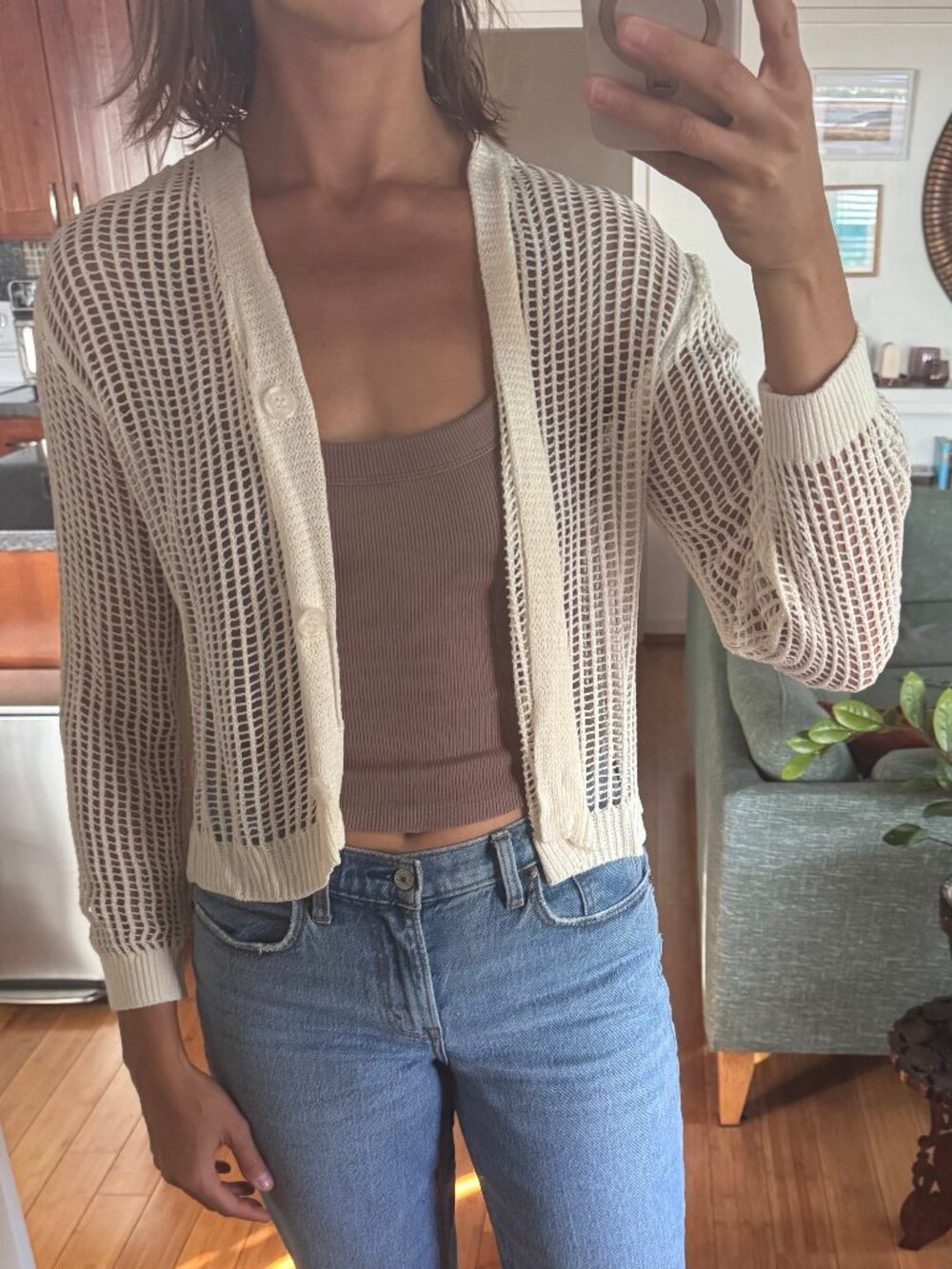 Cream Open-Knit Mesh Cardigan